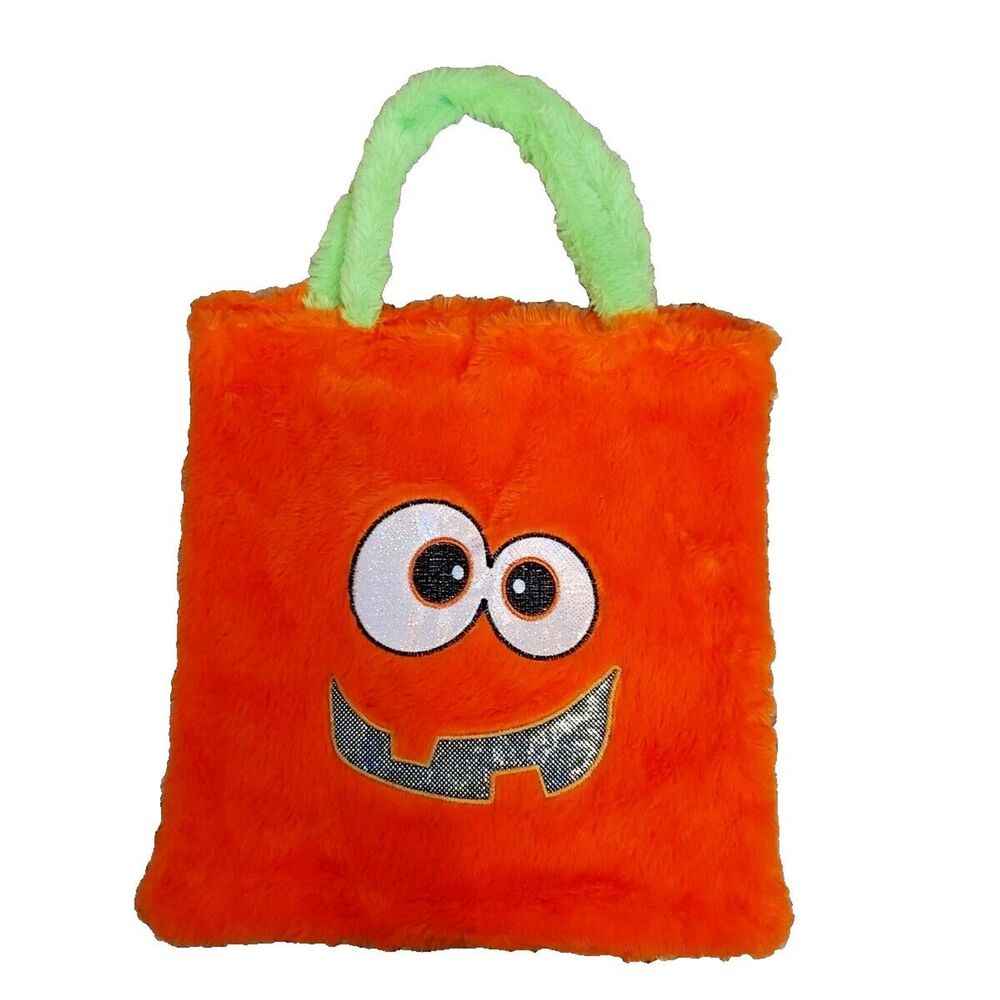 Silly Snaggletooth Face Furry Treat Book Toy Craft Bag Tote Orange Pumpkin New